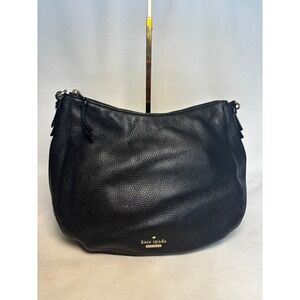 Kate Spade Black Pebbled Leather Hobo Shoulder Bag Gold Logo Striped Lining